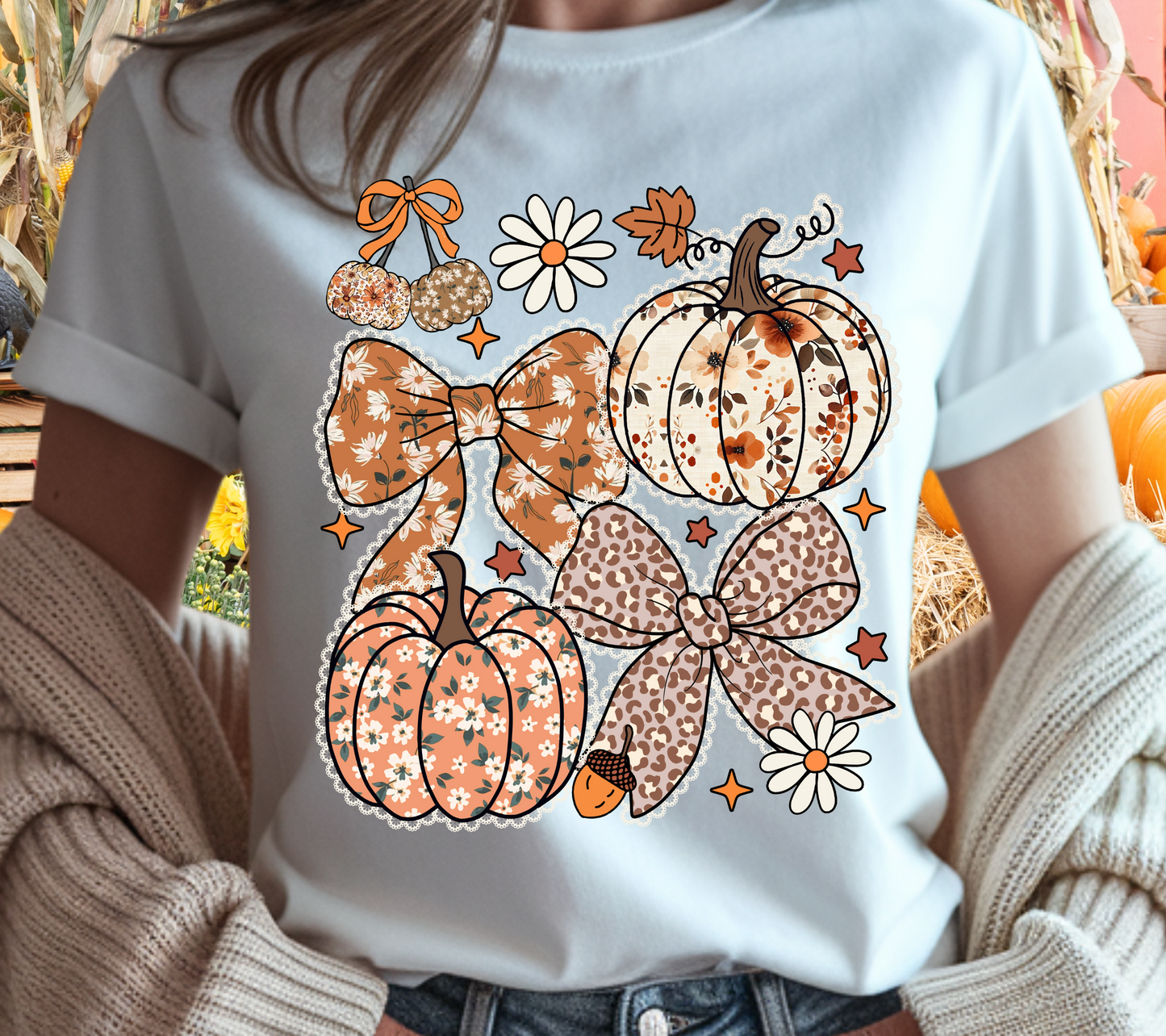 Floral Pumpkin & Bow Fall Tee – Cute Autumn Graphic T-Shirt with Leopard & Plaid Accents (03 White Lace)
