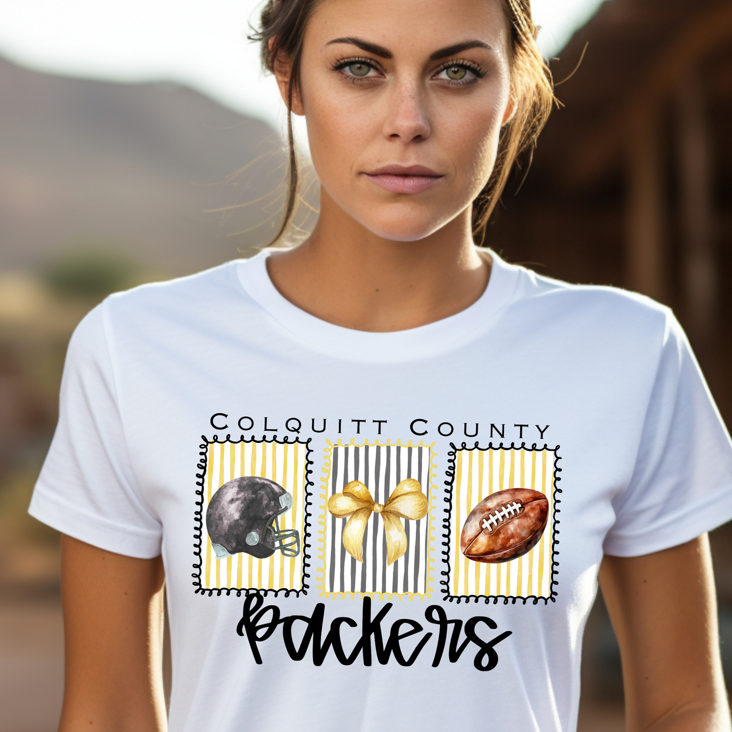 Adult Colquitt County Packers Game Day Shirt – Watercolor Helmet, Bow & Football Tee – Black & Gold Spirit Wear (Black Ink)