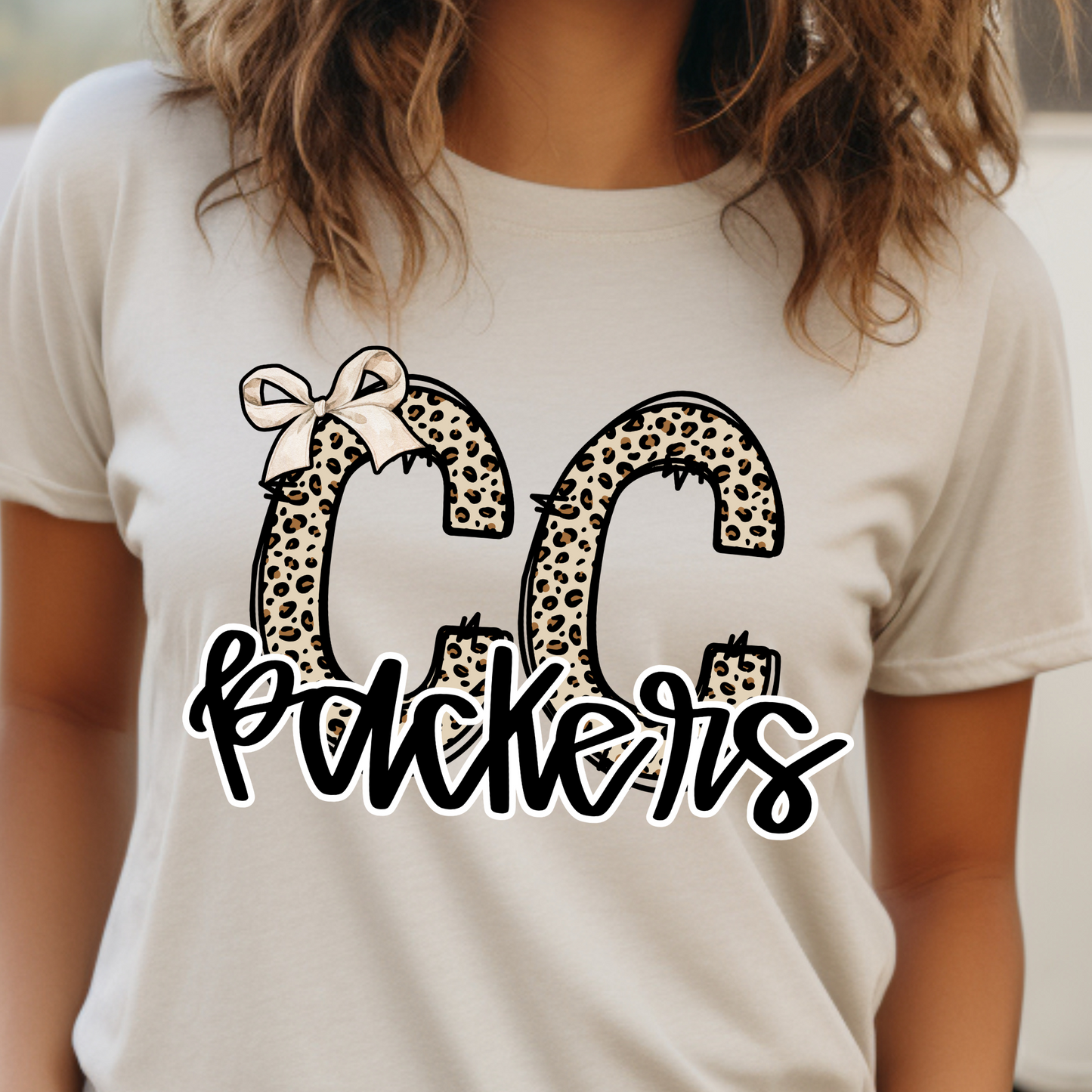 Adult CC Packers Leopard Print Shirt – Colquitt County Spirit Tee with Bow – Trendy Game Day Leopard Design
