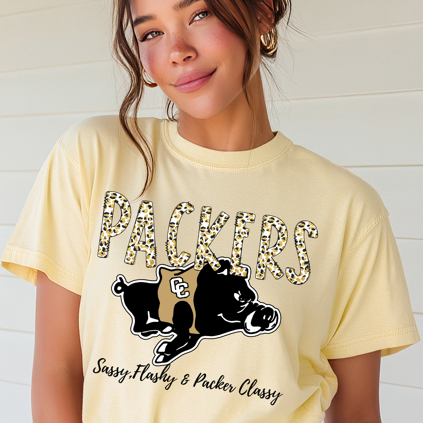 Adult Sassy Flashy & Packer Classy Shirt – Leopard Print Packers Tee with Hog Mascot – Colquitt County Spirit Wear
