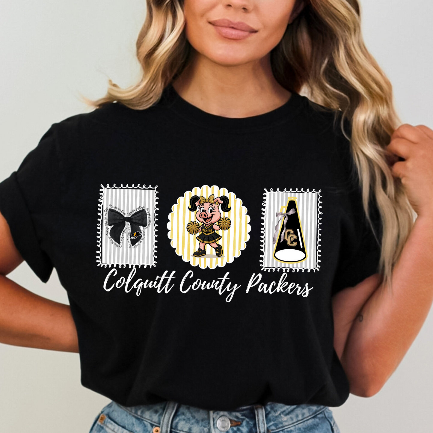 Adult Colquitt County Packers Cheer Shirt – Cute Hog Mascot Pom-Pom Tee – Black & Gold Game Day Spirit Wear (White Ink)