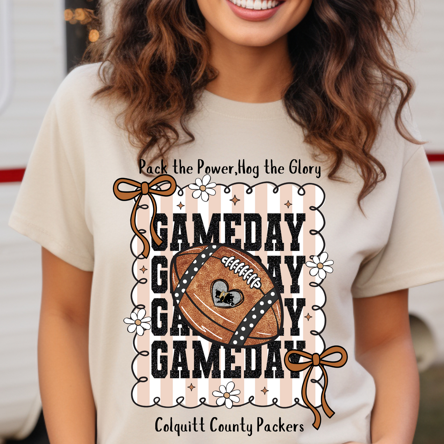 Adult GAMEDAY Packers Shirt – Pack the Power Hog the Glory Tee – Colquitt County Football Glitter Bow Design