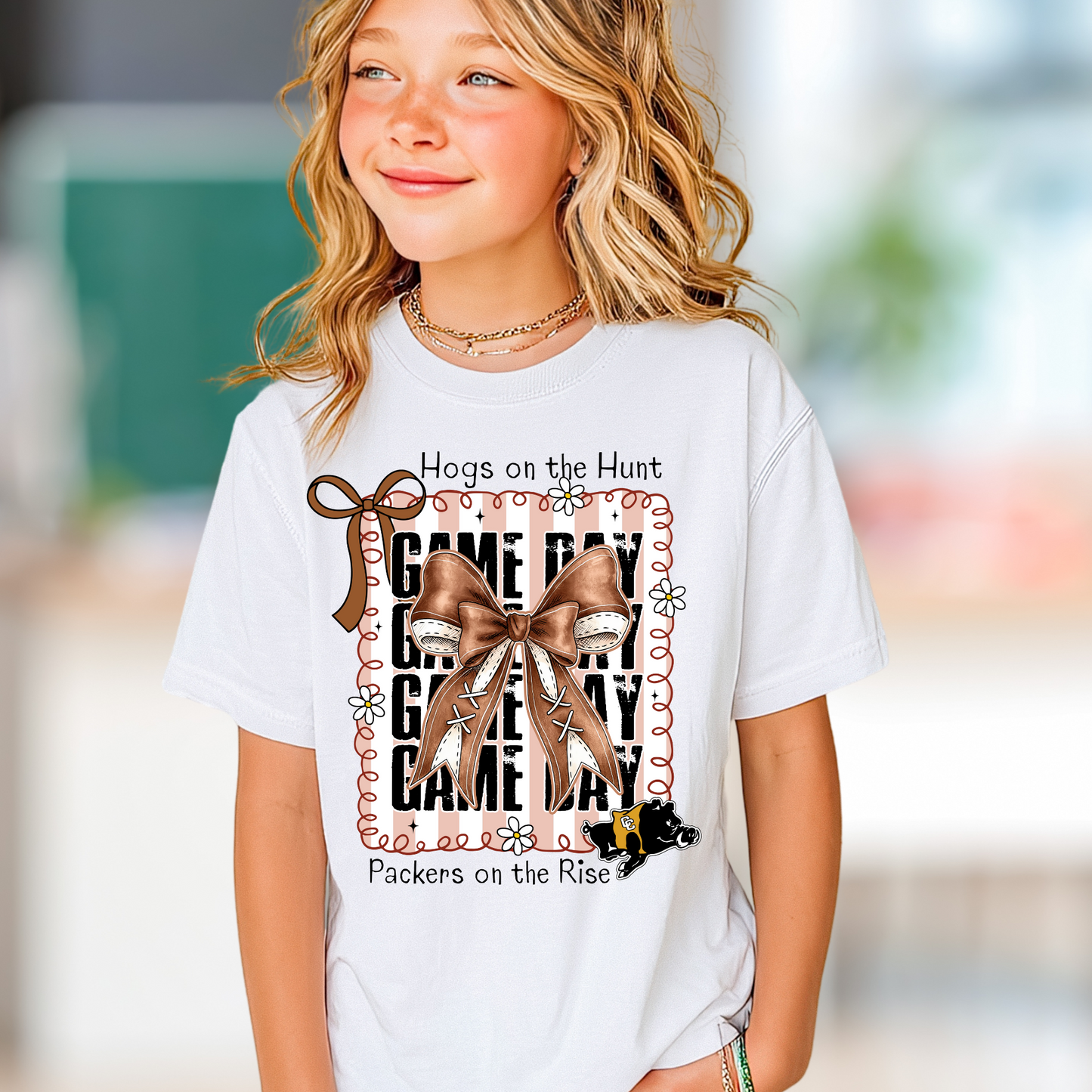 Youth/Toddler Hogs on the Hunt Gameday Shirt – Packers on the Rise Tee with Laced Bow – Colquitt County Football Spirit Wear
