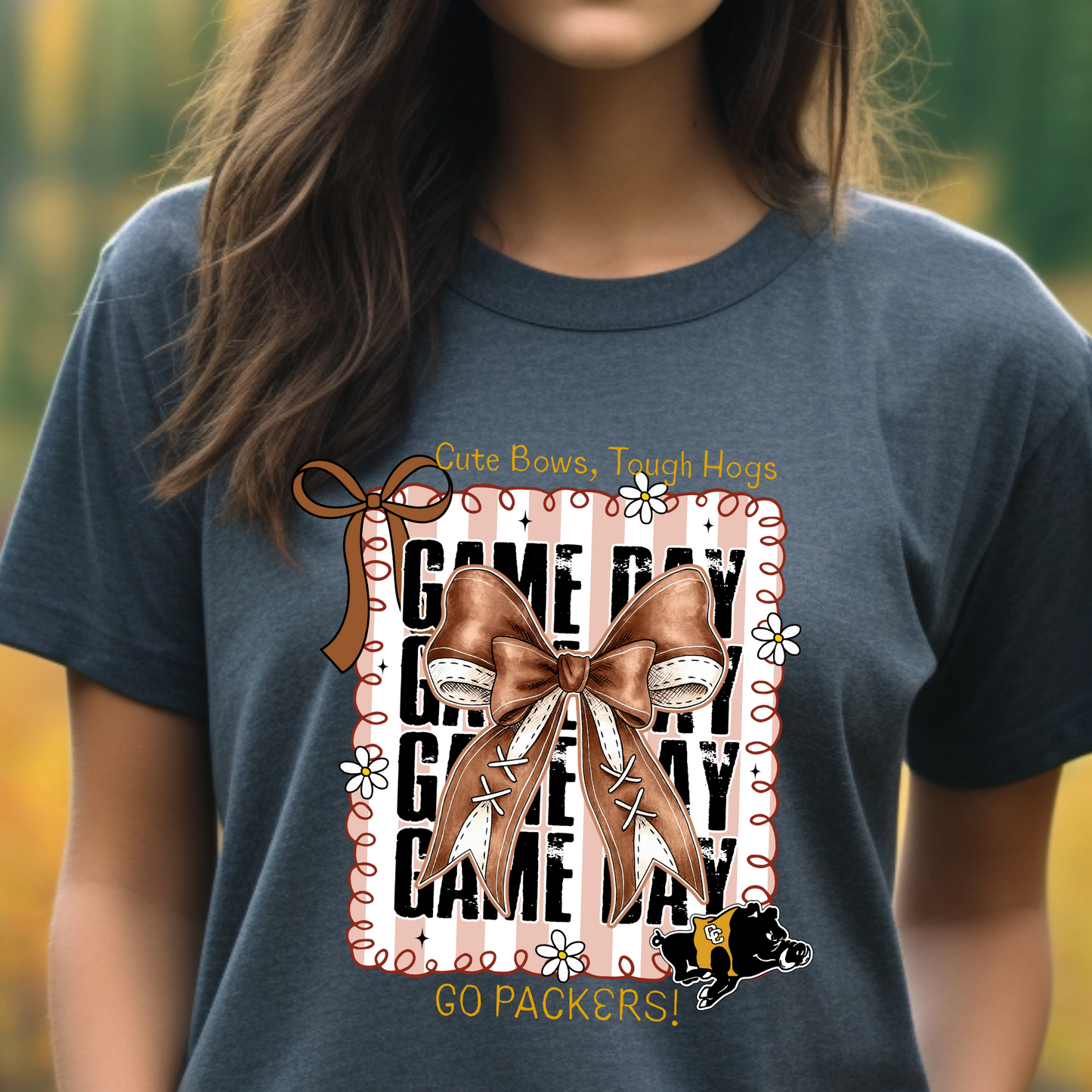 Adult Cute Bows Tough Hogs Game Day Shirt – Go Packers Football Tee – Colquitt County Spirit Wear (Gold Ink)