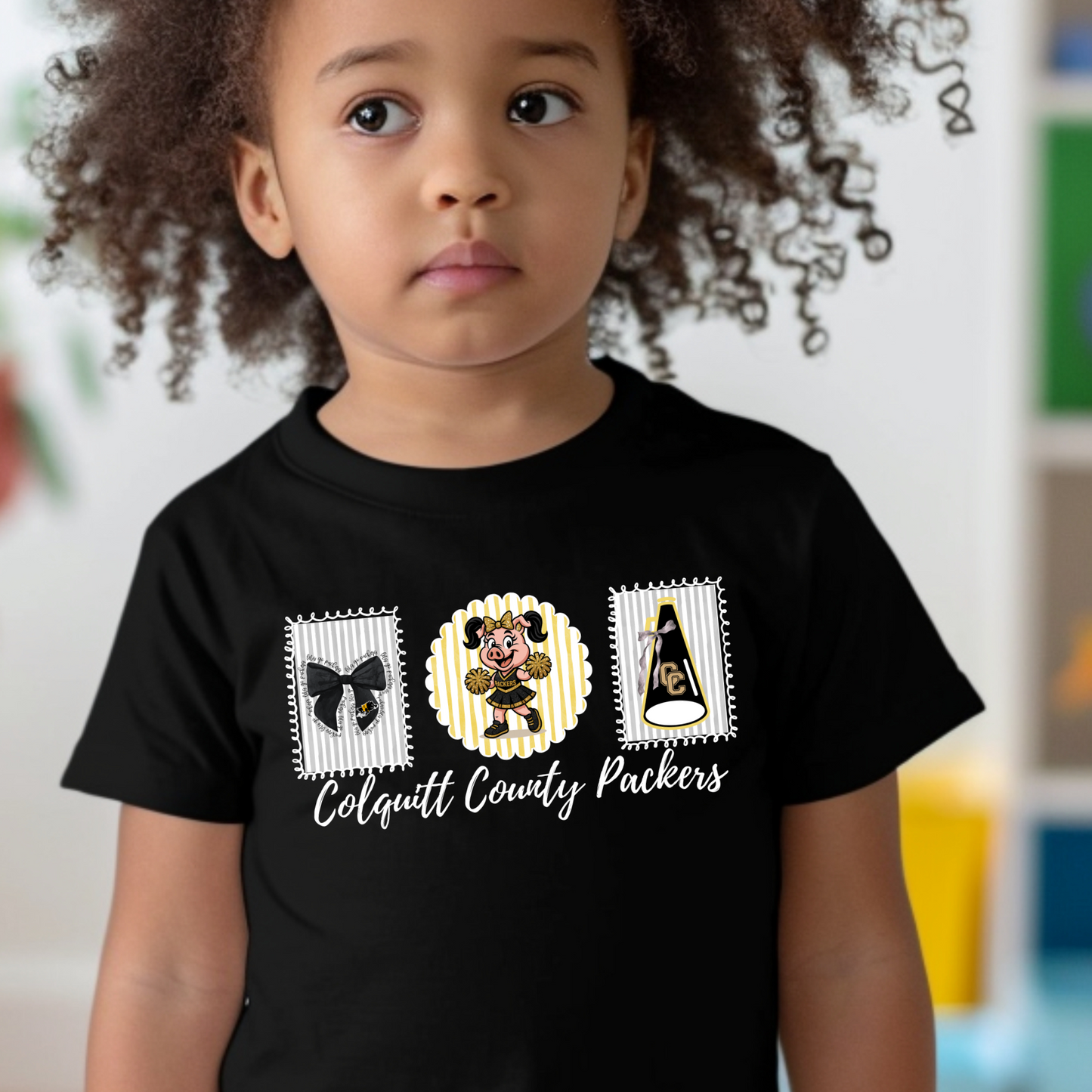 Youth/Toddler Colquitt County Packers Cheer Shirt – Cute Hog Mascot Pom-Pom Tee – Black & Gold Game Day Spirit Wear (White Ink)