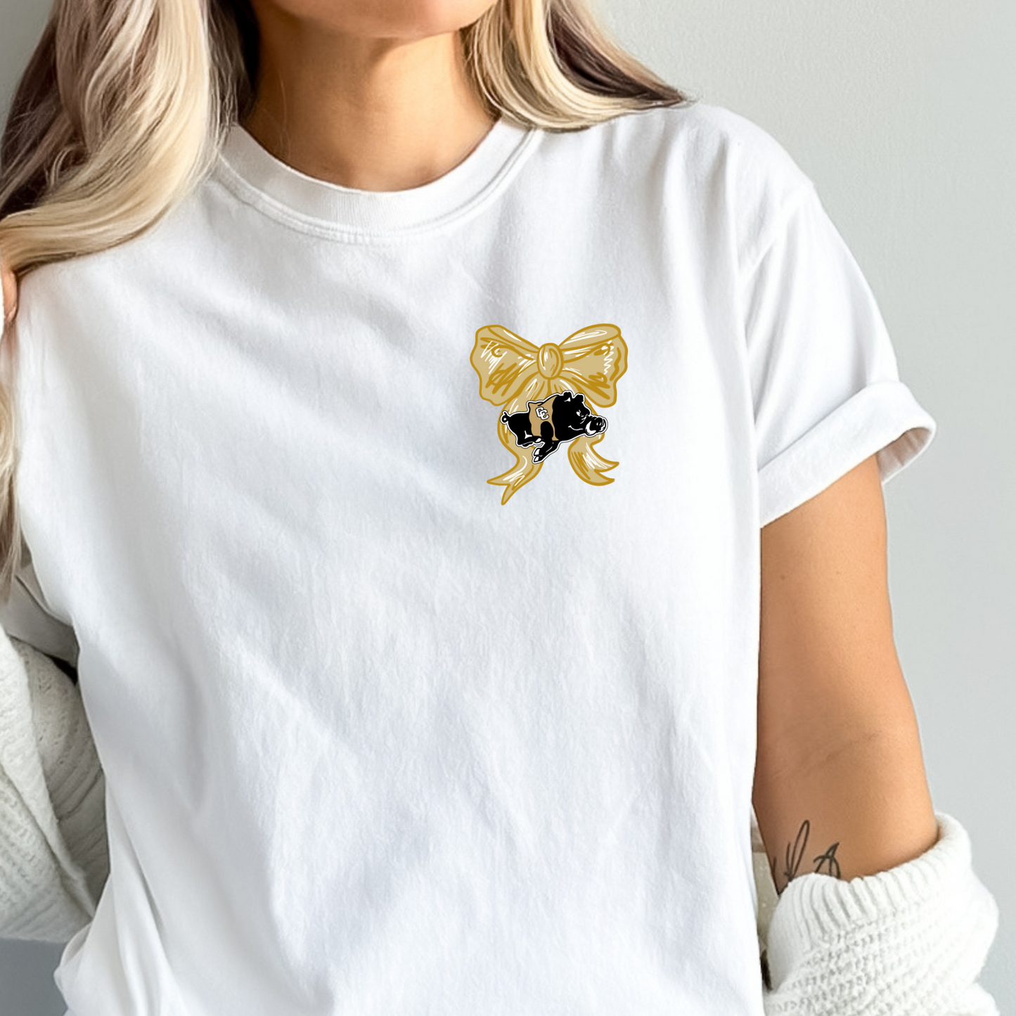 Adult Let’s Go Packers Bow Shirt – Game Day Spirit Tee with Black & Gold Hog – Front and Back Design (Black Ink) (Copy)