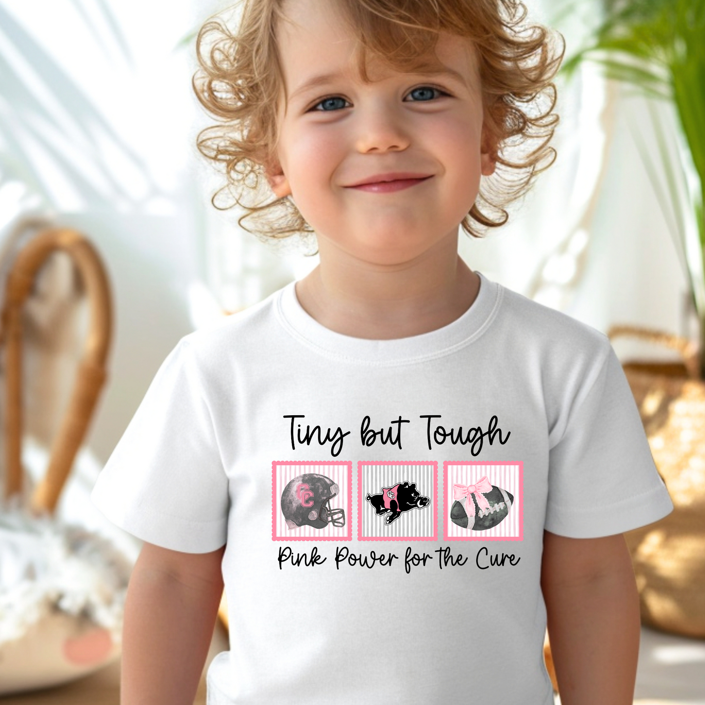 Youth/Toddler Tiny But Tough Pink Power for the Cure Toddler Shirt – Childhood Cancer & Breast Cancer Awareness Football Tee"