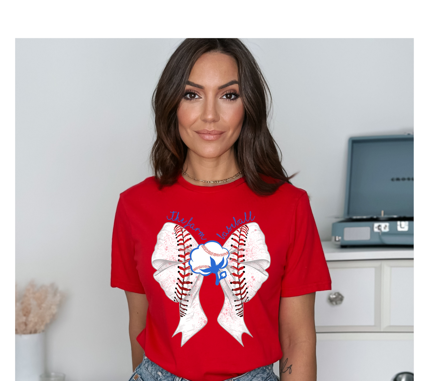 White Baseball Bow The Farm Baseball T-shirt