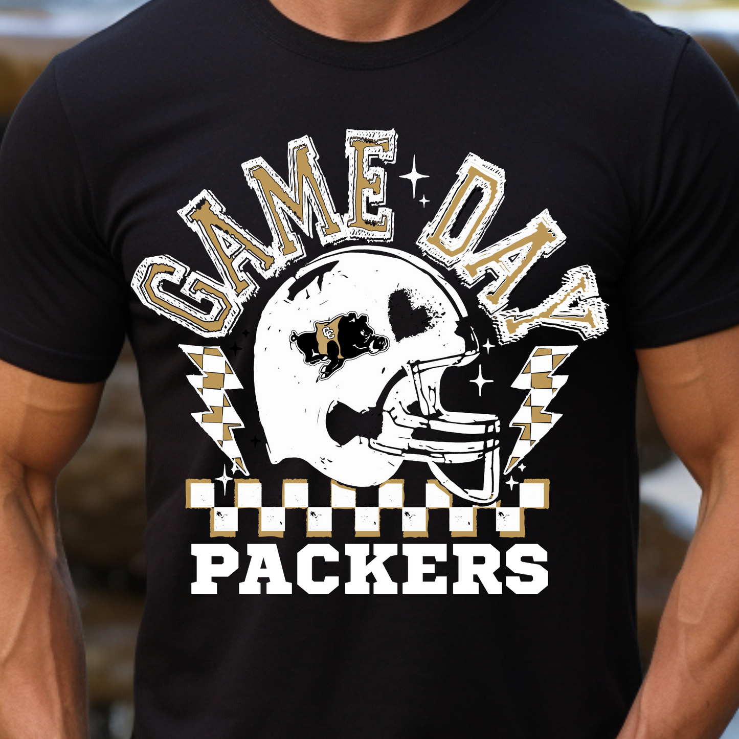 Adult Game Day Packers Football Shirt – Black & Gold Checkered School Spirit Tee (White Ink)