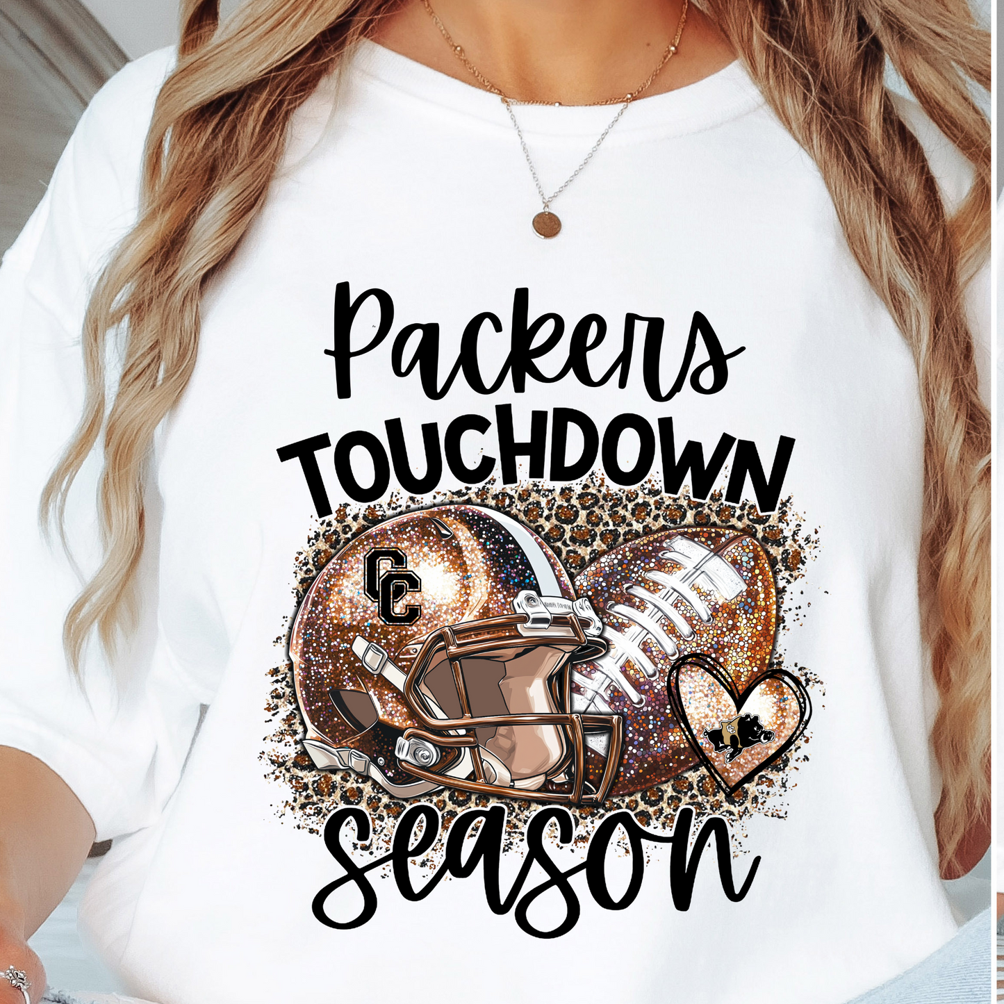 Adult Packers Touchdown Season Glitter Leopard Football Tee – CC School Spirit Game Day Shirt