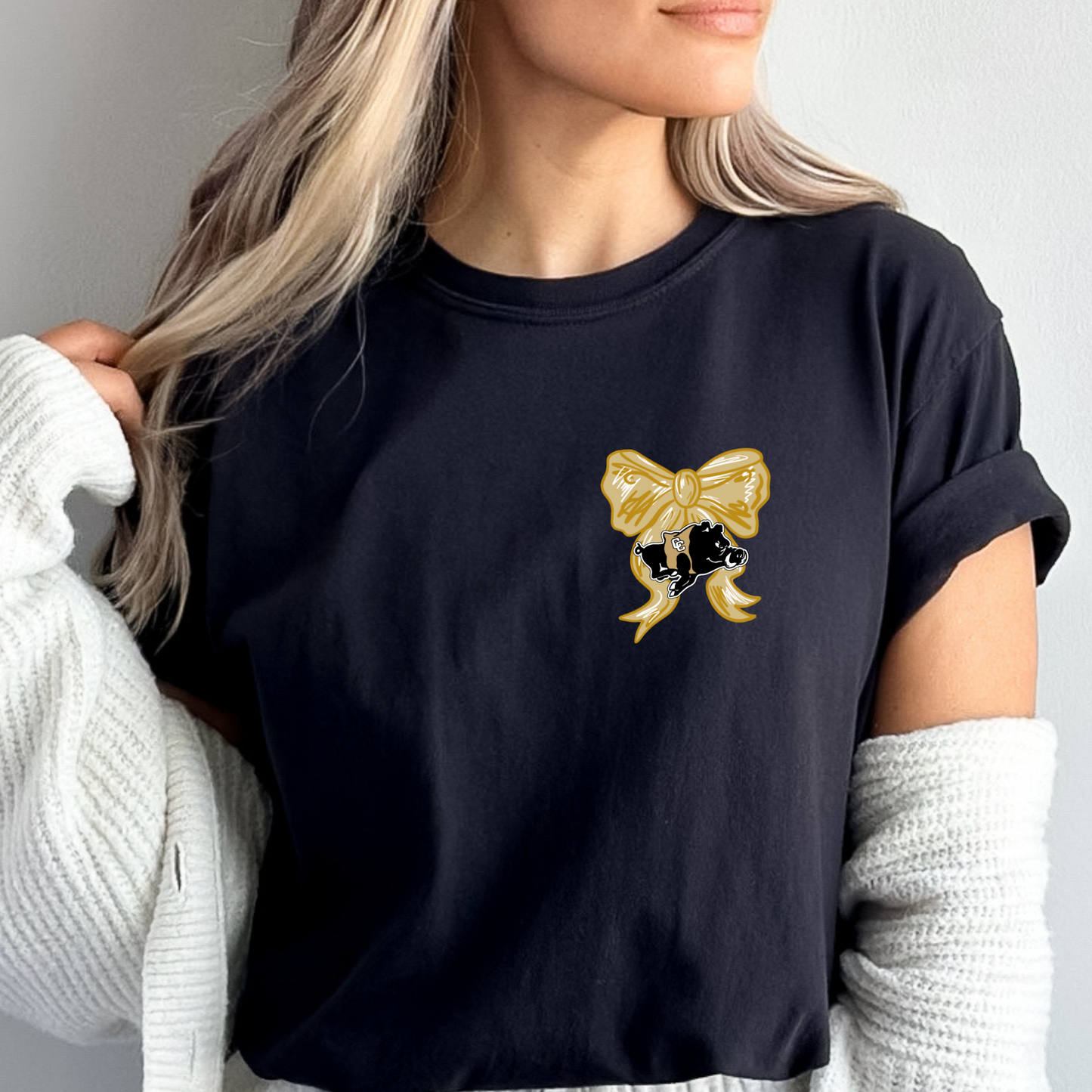 Adult Let’s Go Packers Bow Shirt – Game Day Spirit Tee with Black & Gold Hog – Front and Back Design (White Ink)
