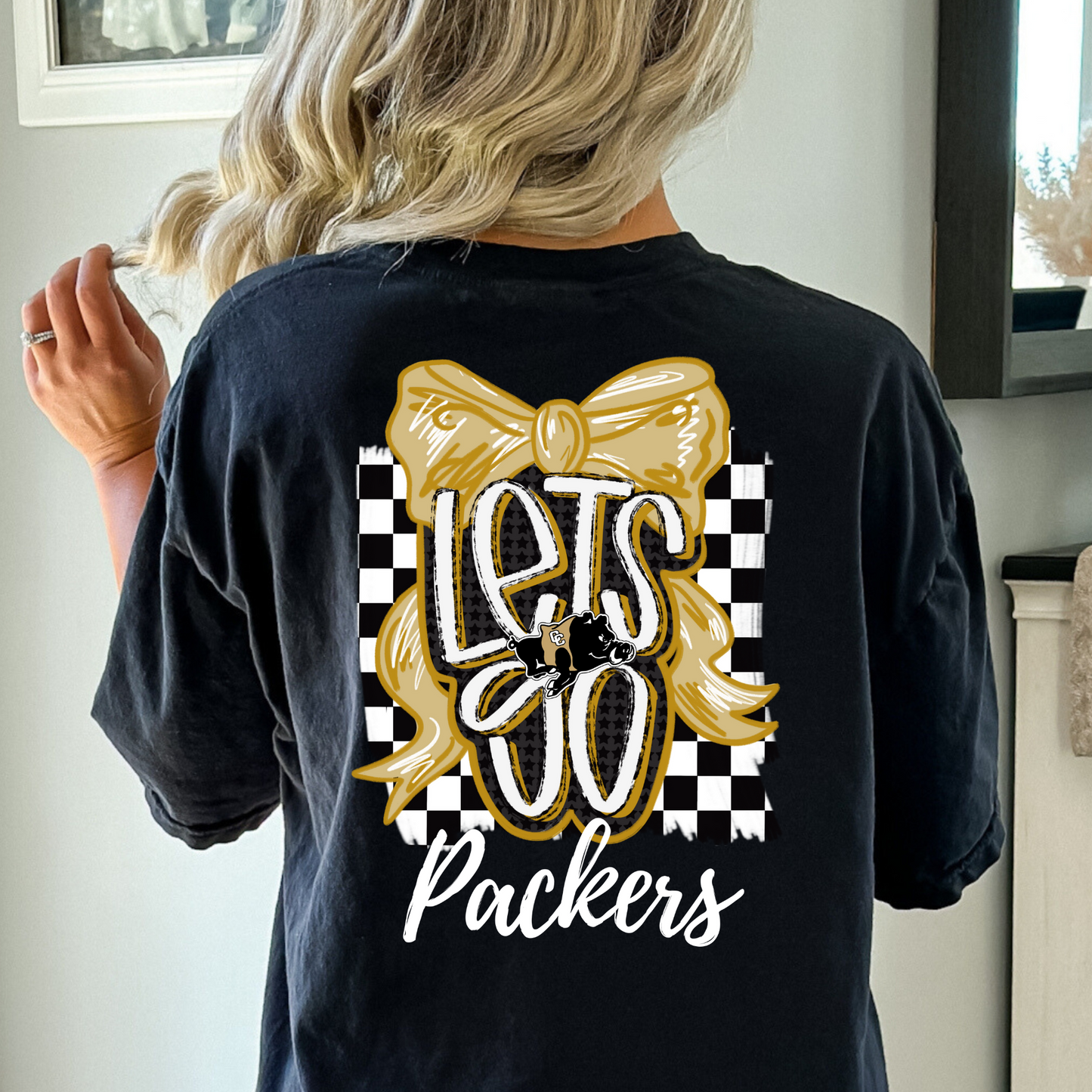 Adult Let’s Go Packers Bow Shirt – Game Day Spirit Tee with Black & Gold Hog – Front and Back Design (White Ink)