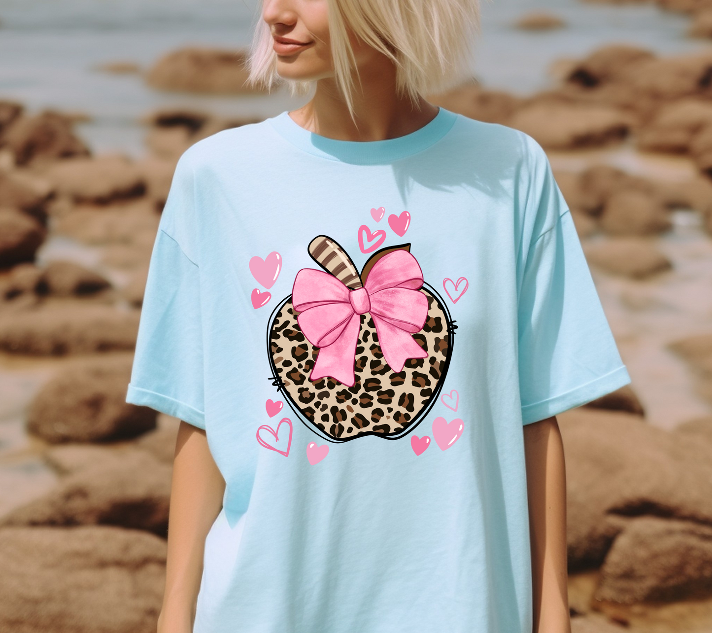 Youth/Toddler Cheetah Apple with Pink Bow and Hearts T-Shirts