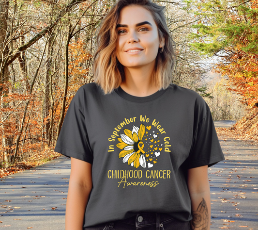In September We Wear Gold T-Shirt | Childhood Cancer Awareness Gold Ribbon Tee (004)