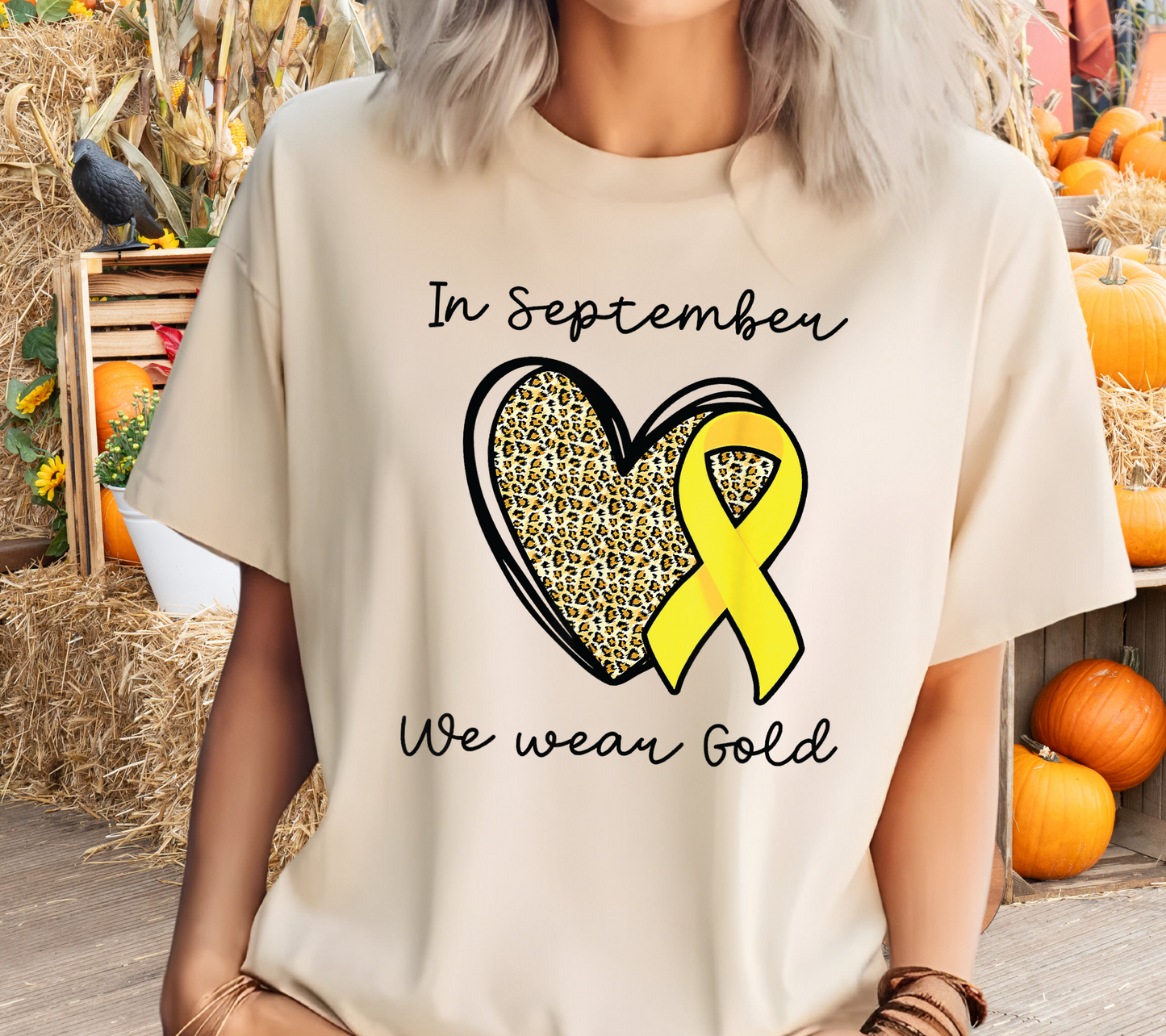 In September We Wear Gold T-Shirt | Leopard Heart Gold Ribbon Childhood Cancer Awareness Tee (005)