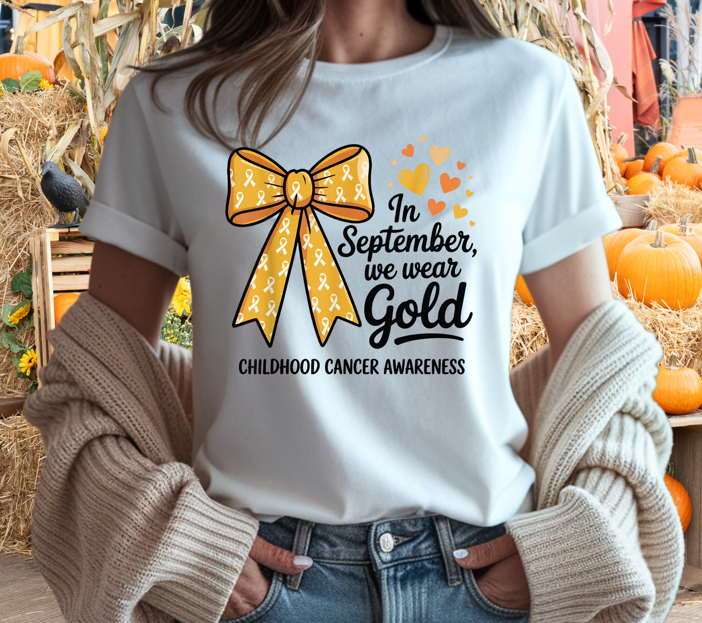 In September We Wear Gold T-Shirt | Gold Ribbon Bow Childhood Cancer Awareness Tee (006)