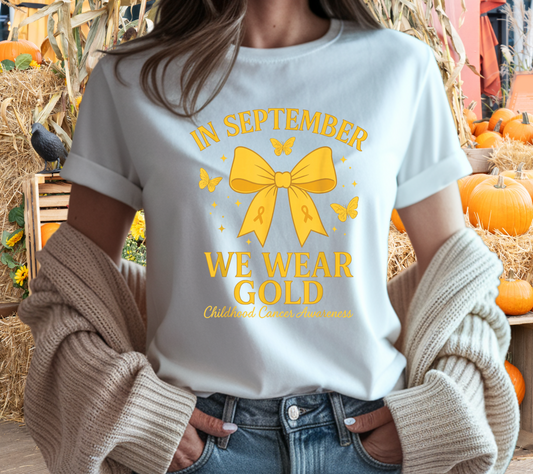 In September We Wear Gold T-Shirt | Gold Bow Butterfly Childhood Cancer Awareness Tee (007)