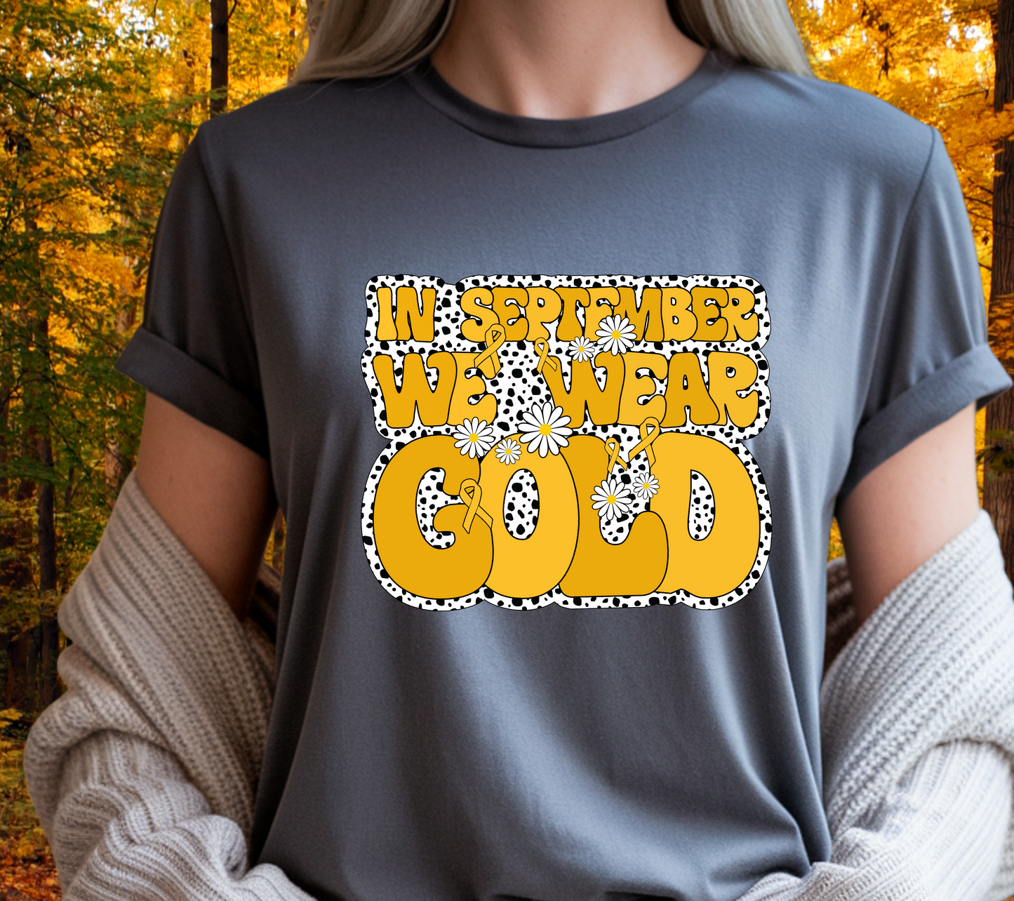 In September We Wear Gold T-Shirt | Retro Daisy Gold Ribbon Childhood Cancer Awareness Tee (008)