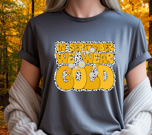 In September We Wear Gold T-Shirt | Retro Daisy Gold Ribbon Childhood Cancer Awareness Tee (008)