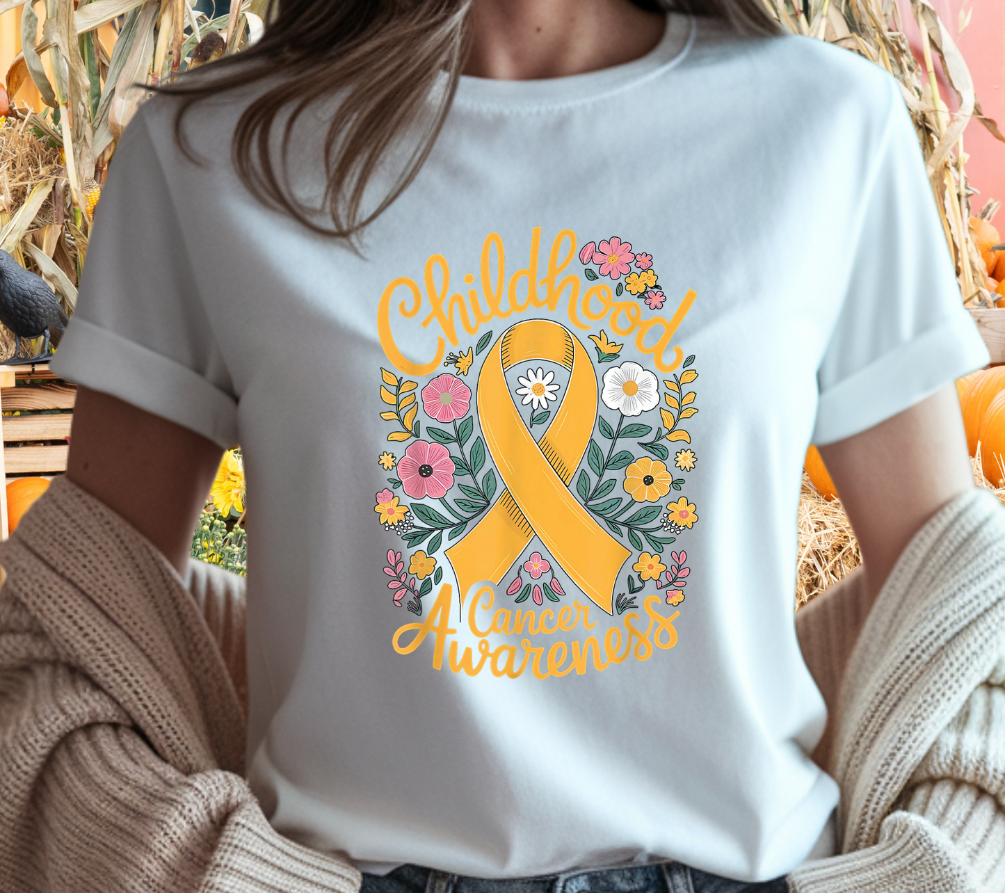 Childhood Cancer Awareness T-Shirt | Gold Ribbon Floral Support Tee (009)