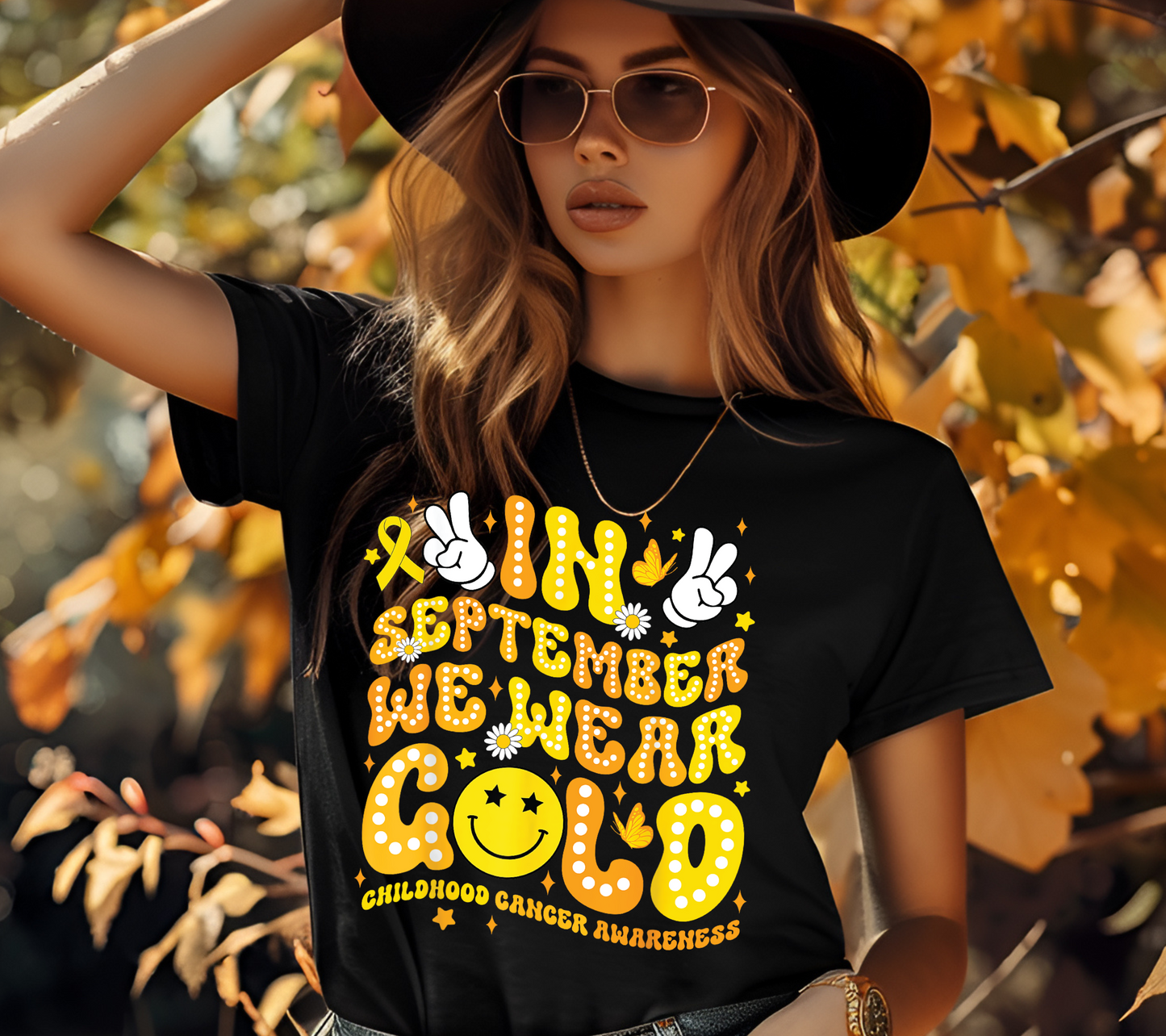 n September We Wear Gold T-Shirt | Retro Peace Sign Smiley Childhood Cancer Awareness Tee (011)