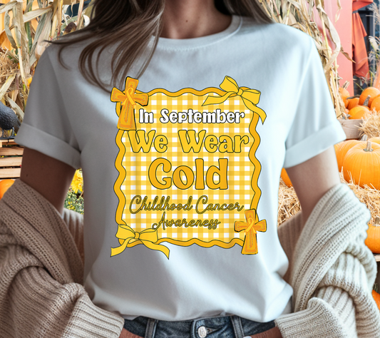 In September We Wear Gold T-Shirt | Preppy Gingham Bow Childhood Cancer Awareness Tee (012)
