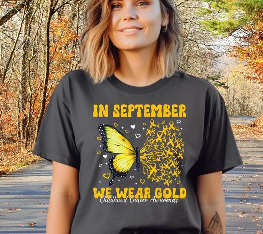 In September We Wear Gold T-Shirt | Butterfly Gold Ribbon Childhood Cancer Awareness Tee (013)
