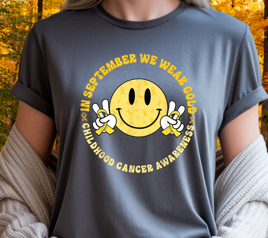 In September We Wear Gold T-Shirt | Smiley Face Peace Sign Childhood Cancer Awareness Tee (014)