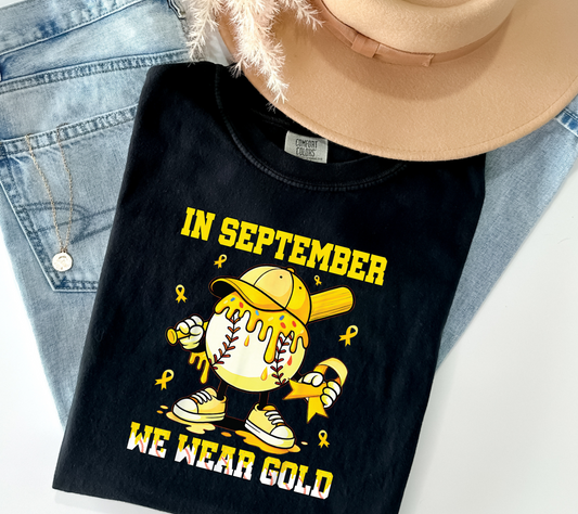In September We Wear Gold T-Shirt | Baseball Gold Ribbon Childhood Cancer Awareness Tee (015)