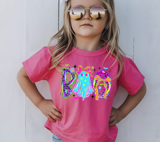 Youth/Toddler Girls Neon Boo Halloween Shirt | Bright Pink Toddler & Youth Tee | Cute Spooky Fall Outfit (01)