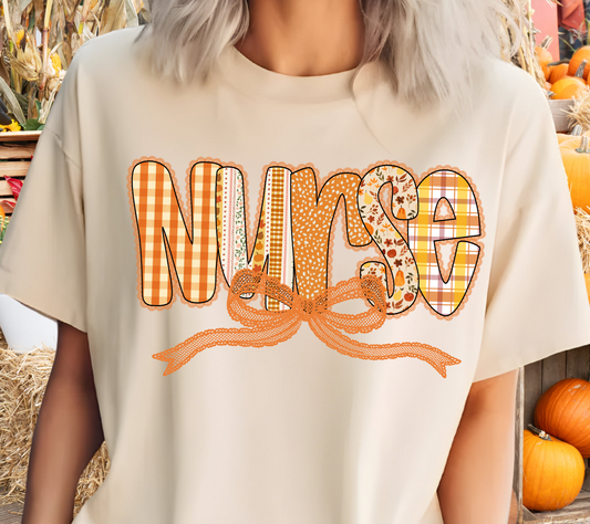Fall Plaid Pumpkin Patch Nurse Tee / Cute Autumn Graphic T-Shirt with Bow (02 Orange Lace)
