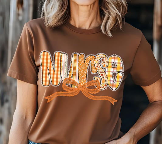 Fall Plaid Pumpkin Patch Nurse Tee / Cute Autumn Graphic T-Shirt with Bow (02 White Lace) (Copy)