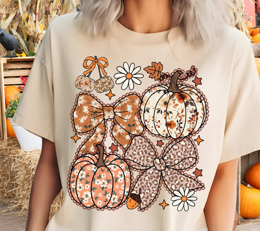 Floral Pumpkin & Bow Fall Tee – Cute Autumn Graphic T-Shirt with Leopard & Plaid Accents (03 Brown Lace)