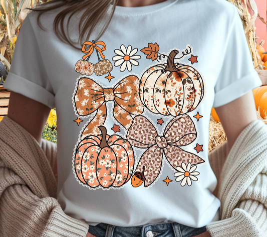 Floral Pumpkin & Bow Fall Tee – Cute Autumn Graphic T-Shirt with Leopard & Plaid Accents (03 White Lace)