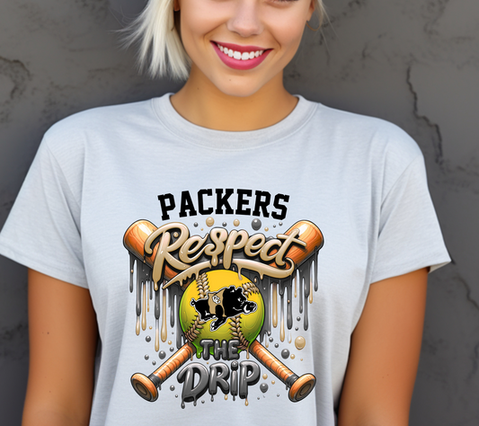 Colquitt County Packers Packers Respect the Drip Softball T-Shirt – Trendy Game Day Spirit Tee Black & Gold (#04)