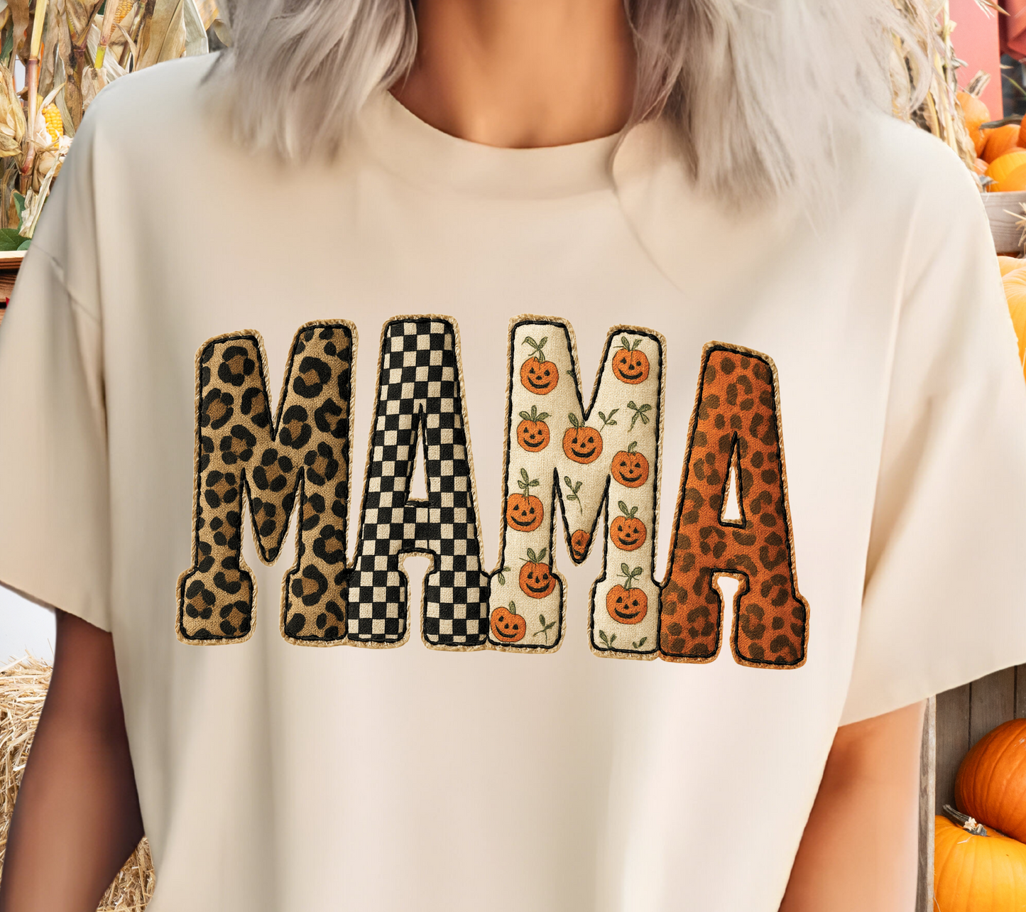 MAMA Graphic Tee – Leopard, Checker & Pumpkin Patchwork Fall Shirt (04Colors)
