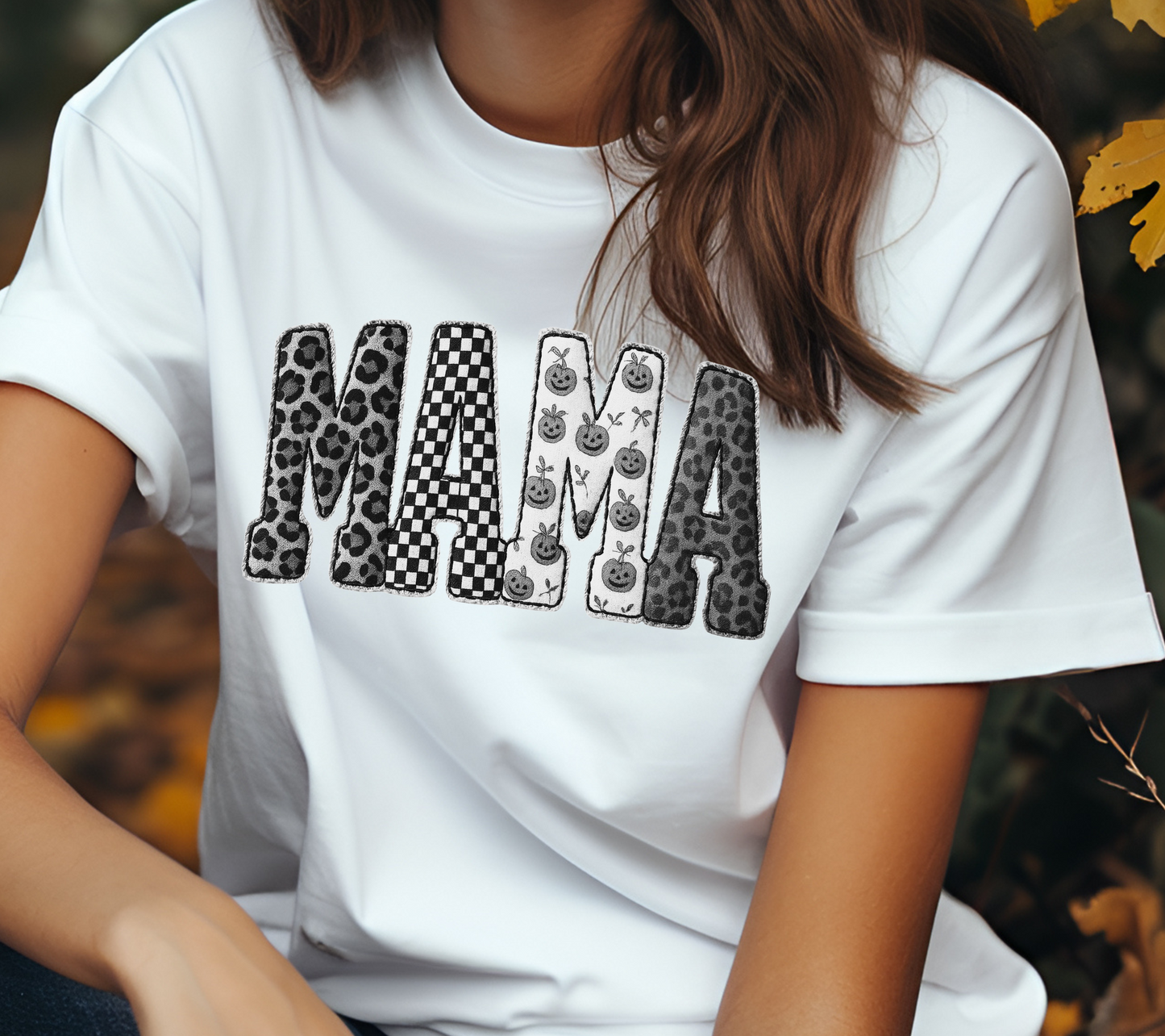 MAMA Graphic Tee – Black & White Leopard, Checker, Pumpkin Patchwork Shirt (04 Grey)