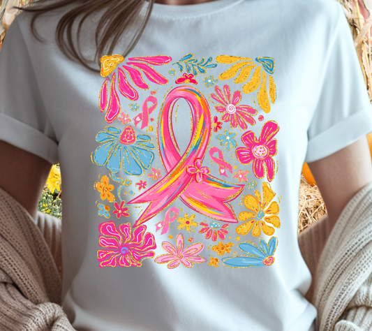 Breast Cancer Awareness Tee – Pink Ribbon Floral Graphic T-Shirt (05)