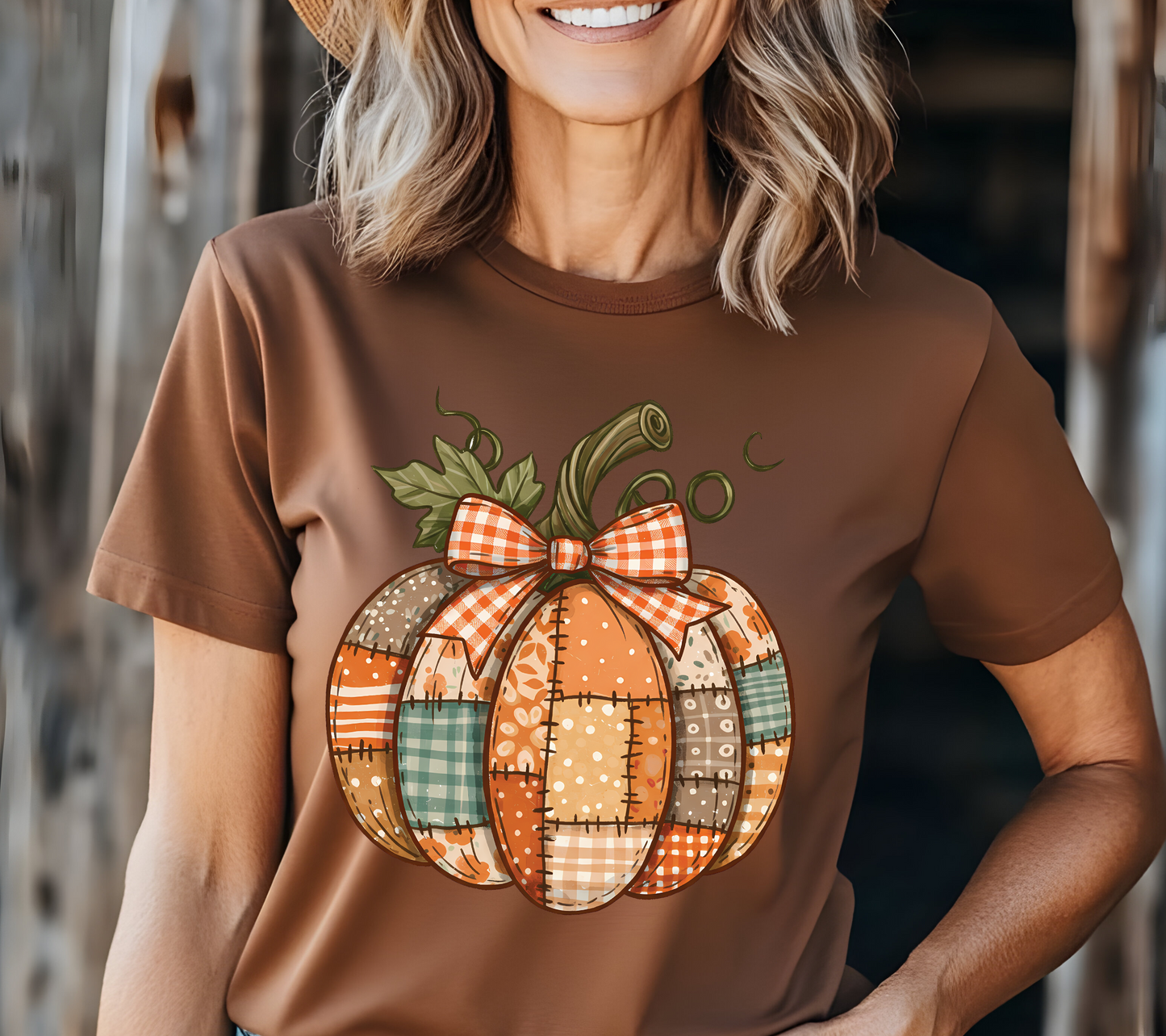 Patchwork Pumpkin T-Shirt – Fall Gingham & Plaid Bow Autumn Tee 🎃🍂 (07)