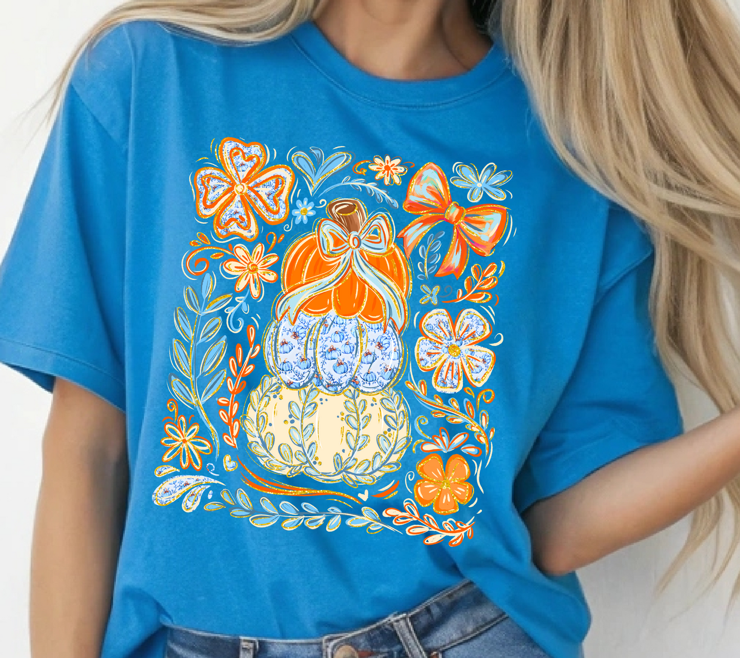 Stacked Pumpkin Floral Tee – Blue & Orange Fall Bow Graphic T-Shirt 🎃🍂🌸 (08)