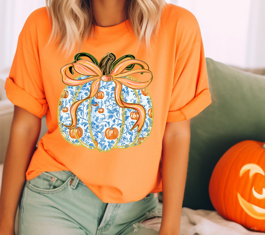Chinoiserie Pumpkin Tee – Blue Floral Pumpkin with Orange Bow Fall T-Shirt 🎃💙🍂 (09)