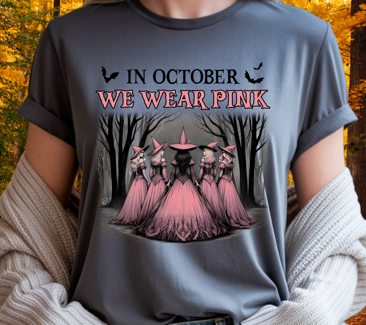 In October We Wear Pink Shirt – Breast Cancer Awareness Witch Graphic Tee 🎀🧙‍♀️🎃 (10)