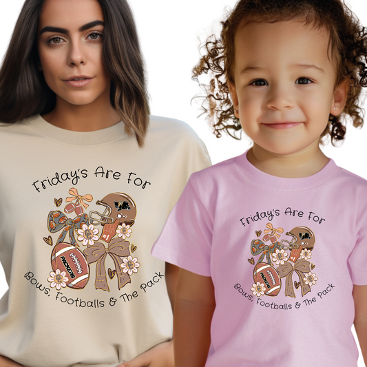 Adult Fridays Are For Bows, Footballs & The Pack Shirt – Mommy and Me Colquitt County Game Day Tee