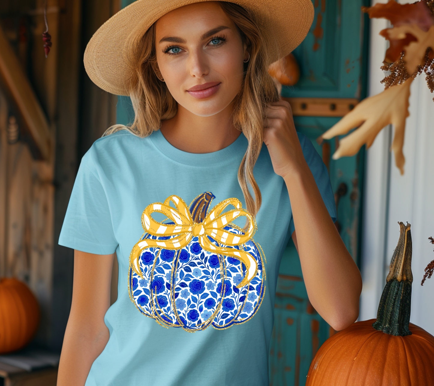 Blue Floral Pumpkin T-Shirt – Fall Pumpkin Bow Tee, Elegant Autumn Shirt for Women, Southern Style Thanksgiving Graphic Tee
