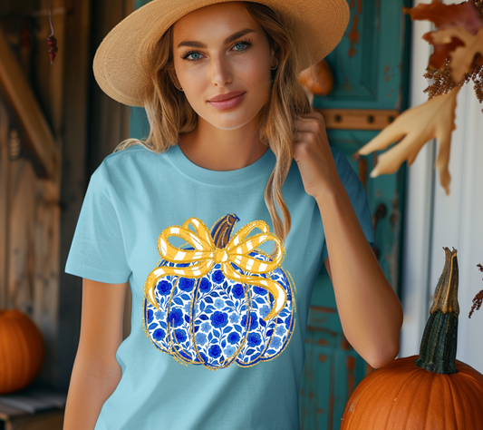 Blue Floral Pumpkin T-Shirt – Fall Pumpkin Bow Tee, Elegant Autumn Shirt for Women, Southern Style Thanksgiving Graphic Tee