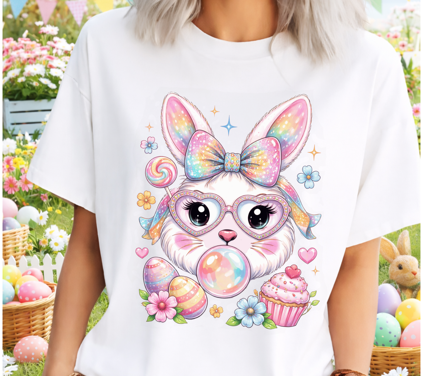 Easter 11 - Rainbow Glitter Easter Bunny Blowing Bubble with Easter Eggs & Cupcake, Easter Shirt