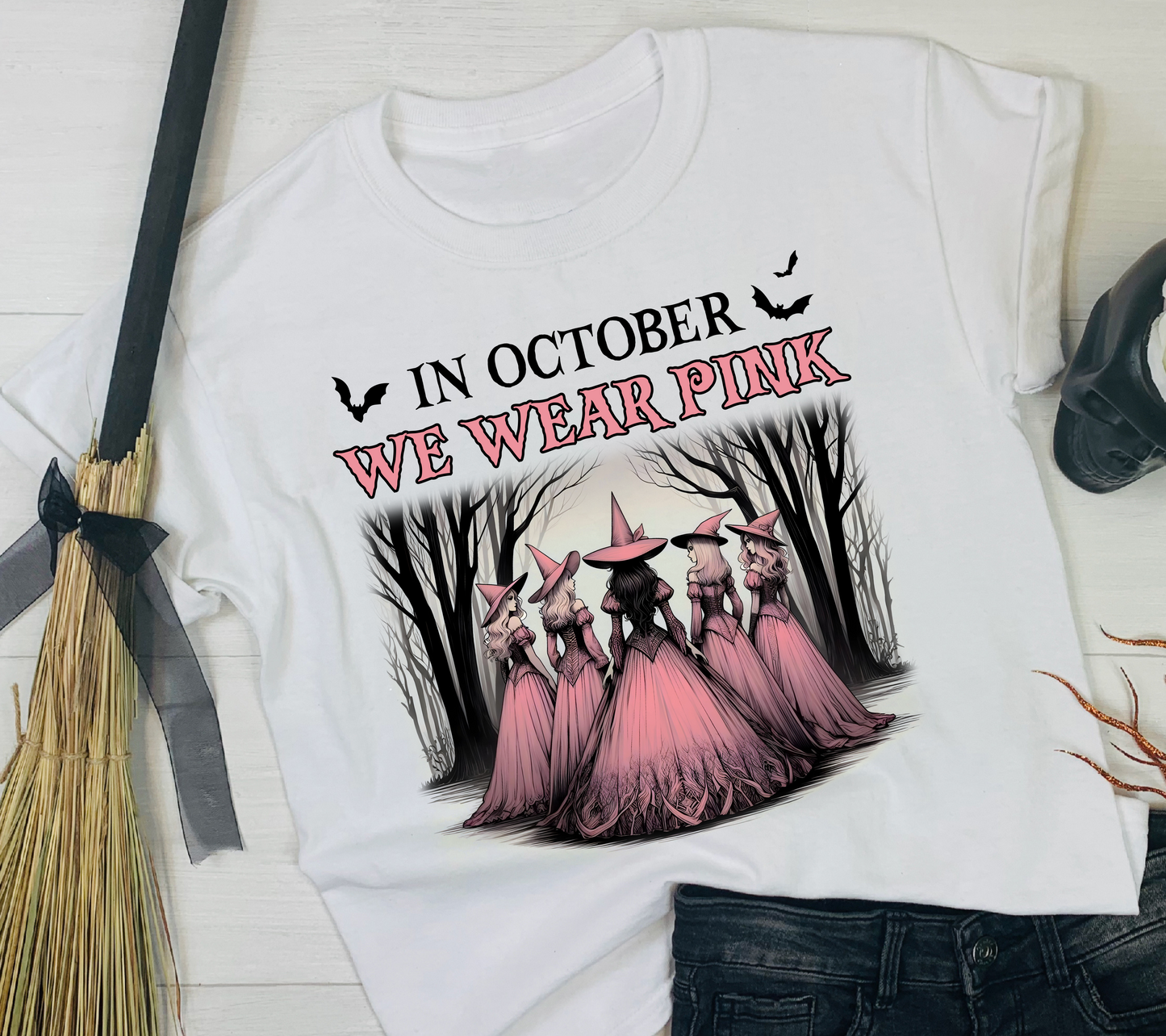 In October We Wear Pink Shirt – Breast Cancer Awareness Witch Graphic Tee 🎀🧙‍♀️🎃 (10)