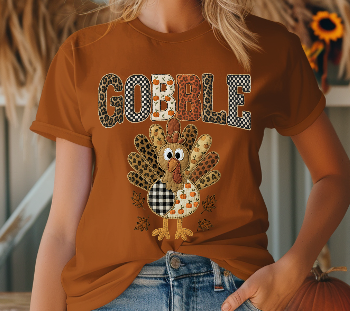 Gobble Turkey T-Shirt – Cute Thanksgiving Graphic Tee, Leopard Print Fall Shirt for Women, Farmhouse Plaid Turkey Autumn Outfit