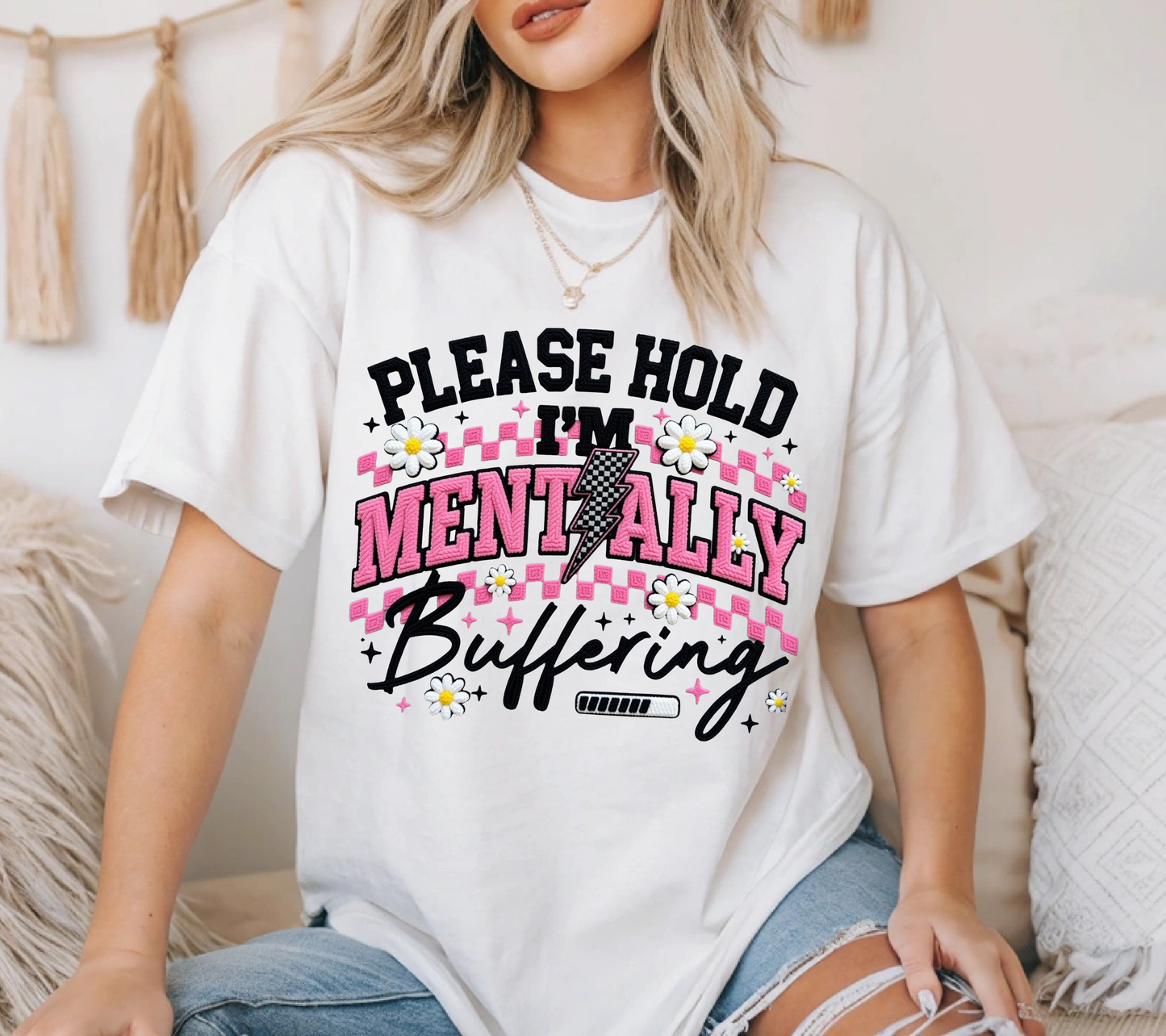 Please Hold I’m Mentally Buffering Shirt – Funny Mental Health Graphic Tee, Retro Checkered Humor T-Shirt, Sarcastic Funny Quote Shirt