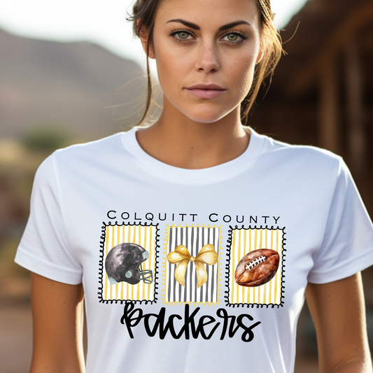 Adult Colquitt County Packers Game Day Shirt – Watercolor Helmet, Bow & Football Tee – Black & Gold Spirit Wear (Black Ink)
